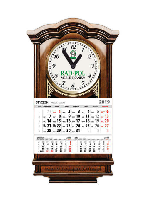 Kalendarz jednodzielny na kaszerowanych (tektura oklejana wydrukowaną grafiką) pleckach, z zegarem i indywidualną kopertą z zadrukiem.